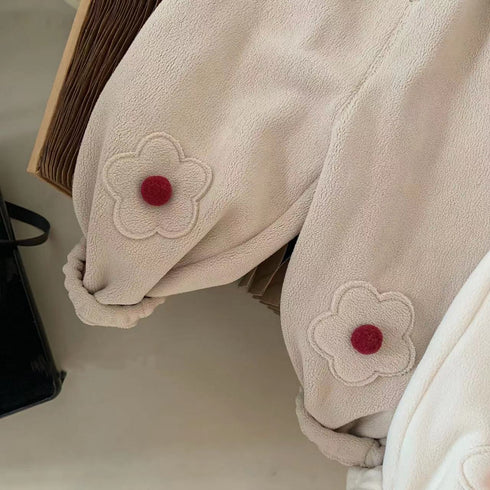 Add velvet autumn and winter baby flower fur ball casual pants